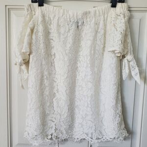 LuLus Lace Off-Shoulder Top White XSu Short Tie Sleeves Eyelash Hem